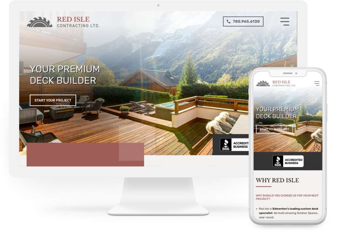 Red Isle homepage displayed on a desktop computer and a mobile phone.