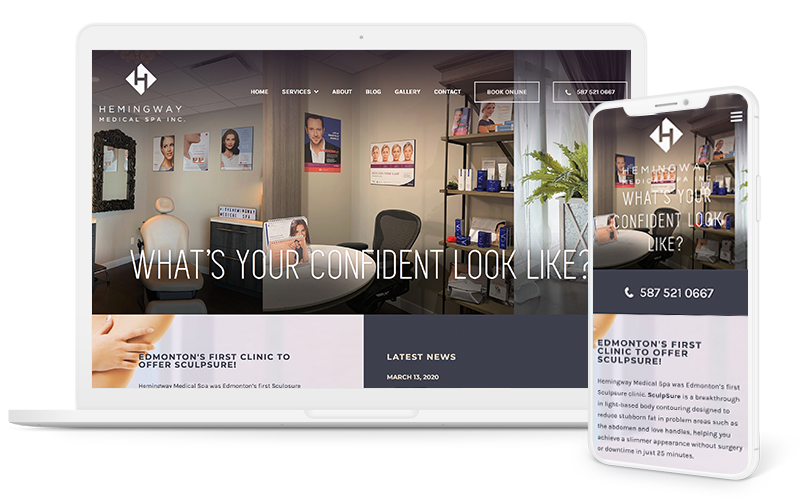 Hemingway Medical Spa homepage on a desktop screen and a mobile phone screen.