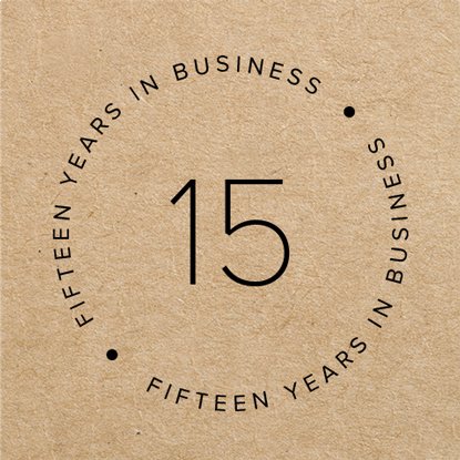 Brown paper with a stamp that says 15 Years in Business.
