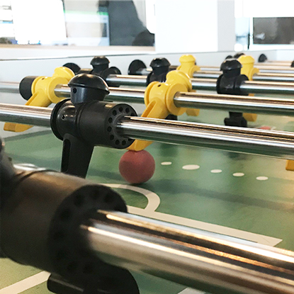 Close-up of a foosball table.